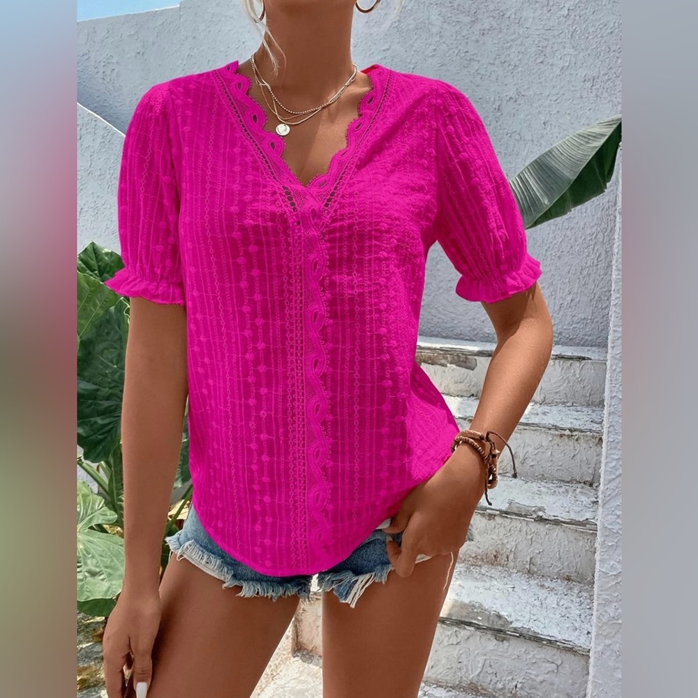 SHEIN Women's Eyelet Embroidered Lace Trim Puff Sleeve V Neck Blouse Shirt Top